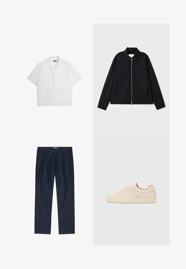 Schwarze Jacke mit einem kragenförmigen Ausschnitt, einem Front-Reißverschluss und zwei Brusttaschen. Hergestellt aus einem glatten Stoff mit einer strukturierten Passform.; Kurzarmweißes Hemd, weiche Textur, Knopfleiste, weit geschnittener Kragen, eine Brusttasche, lässiges, lockeres Design. Einfach ohne Muster.; Dunkelblaue, locker sitzende Hose aus strukturiertem Material mit einem Knopfverschluss und seitlichen Taschen; gerade Beinform mit weichem Finish.; Beige Wildledersneaker mit einem Low-Top-Design, runder Zehenform, flachen Schnürsenkeln und einer strukturierten Gummisohle. Minimalistischer Stil ohne sichtbare Logos.