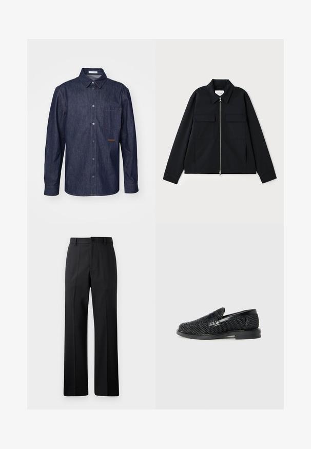 Black jacket featuring a collared neckline, front zipper closure, and two chest pockets. Made from a smooth fabric with a structured fit.; Dark denim shirt featuring a button-up front, pointed collar, single chest pocket, and contrasting stitching details.; Black straight-leg trousers with belt loops, front button, and zipper closure, displayed against a plain white background.; Black woven slip-on shoe with a smooth leather accent on the upper, a round toe design, and a low-profile rubber sole.