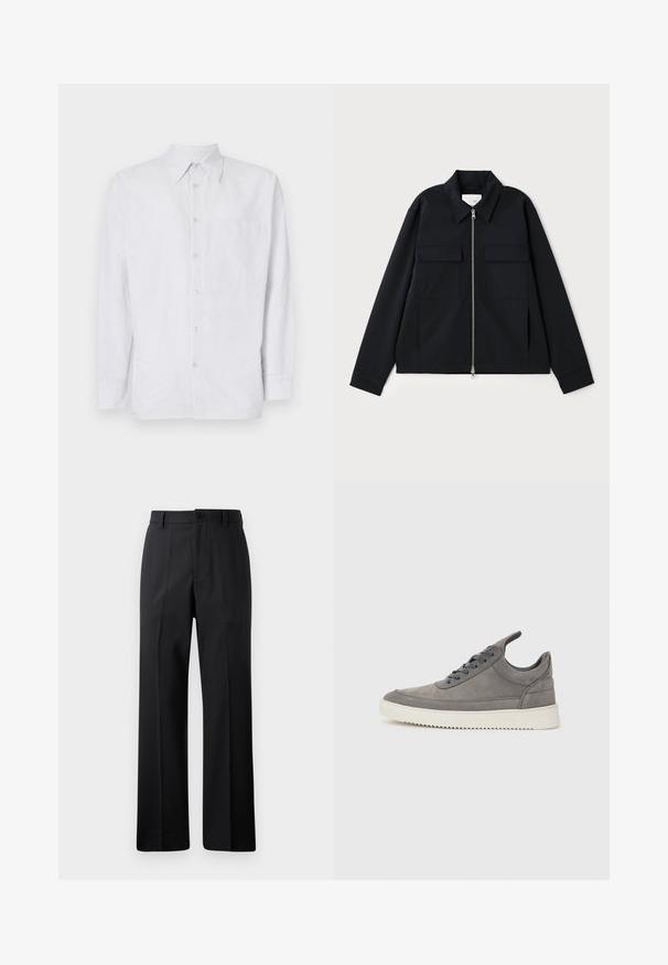 Melna jaka ar apkakles izgriezumu, priekšpuses rāvējslēdzēja aizdari un divām krūšu kabatām. Izgatavota no gludas auduma ar strukturētu piegriezumu.; Svītraina pogāmā krekla izgatavota no viegla auduma, ar krūšu kabatu, garām piedurknēm un apkakli gaiši zilā un baltā krāsā.; Melnas taisnas kājas bikses ar jostu cilpiņām, priekšējo pogu un rāvējslēdzēja aizdari, izliktas pret vienkāršu baltu fonu.; Pelēki zamša sporta apavi ar strukturētu virsmu, aprīkoti ar baltu gumijas zoli, apaļām šņorēm un zemu piegriezumu.