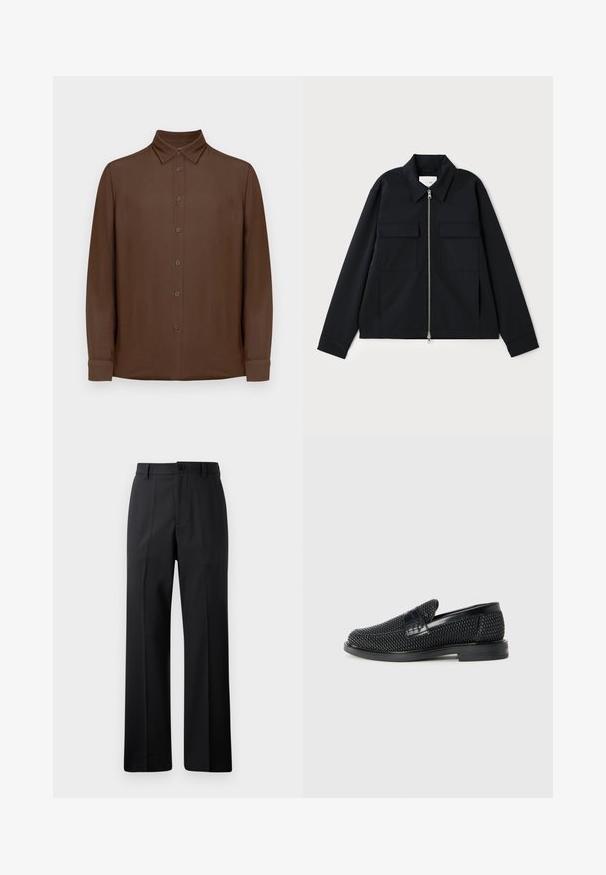 Chaqueta negra con cuello, cierre frontal de cremallera y dos bolsillos en el pecho. Confeccionada en un tejido suave y con un corte estructurado.; Camisa de botones marrón de manga larga con cuello y puños, mostrada plana sobre un fondo blanco.; Pantalones rectos negros con pasadores para cinturón, cierre frontal de botón y cremallera, expuestos sobre un fondo blanco liso.; Zapato negro de tejido con un acento de cuero suave en la parte superior, diseño de punta redonda y suela de goma de perfil bajo.