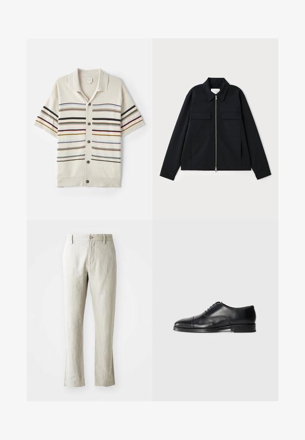 Fekete dzseki, galléros nyakkivágással, elülső cipzárral és két mellzsebbel. Simább anyagból készült, strukturált fazonnal.; Rövid ujjú, krémszínű kötött kardigán gombos záródással, mely különböző színű vízszintes csíkokkal és bordázott gallérral, valamint mandzsettákkal rendelkezik.; Világos bézs len nadrág, egyenes szabással, finom textúrával, elülső gombos záródással és két oldalsó zsebbel. Tiszta sziluett kialakítására készült.; Fekete bőrből készült elegáns cipő lekerekített orral, sima felülettel, fűzős kialakítással és finom varrási részletekkel, alacsony, lapos sarkú.
