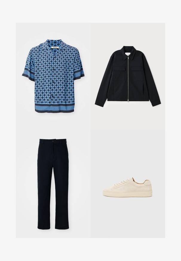 Giacca nera con colletto, chiusura frontale con zip e due tasche sul petto. Realizzata in un tessuto liscio con una vestibilità strutturata.; Camicetta a maniche corte con bottoni in blu e navy, caratterizzata da un motivo geometrico. Realizzata in tessuto leggero con una vestibilità comoda e colletto piatto.; Pantaloni color blu navy in cotone, con design a gamba dritta, chiusura con bottone frontale e vita classica con passanti per cintura.; Sneaker in suede beige con design a basso profilo, punta rotonda, lacci piatti e suola in gomma testurizzata. Stile minimalista senza loghi visibili.