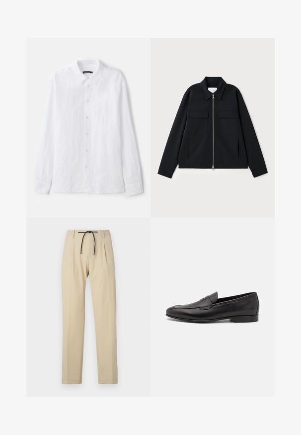 Giacca nera con colletto, chiusura frontale con zip e due tasche sul petto. Realizzata in un tessuto liscio con una vestibilità strutturata.; Camicia bianca a maniche lunghe con bottoni, realizzata in tessuto testurizzato. Presenta un colletto classico e una chiusura frontale con bottoni piccoli e rotondi.; Pantaloni beige con una vestibilità dritta, dotati di una vita con cordoncino, frontale plissettato e texture liscia. Design semplice e versatile.; Mocassino da uomo in pelle nera con tacco basso e design classico a striscia, mostrato in profilo laterale su sfondo bianco.