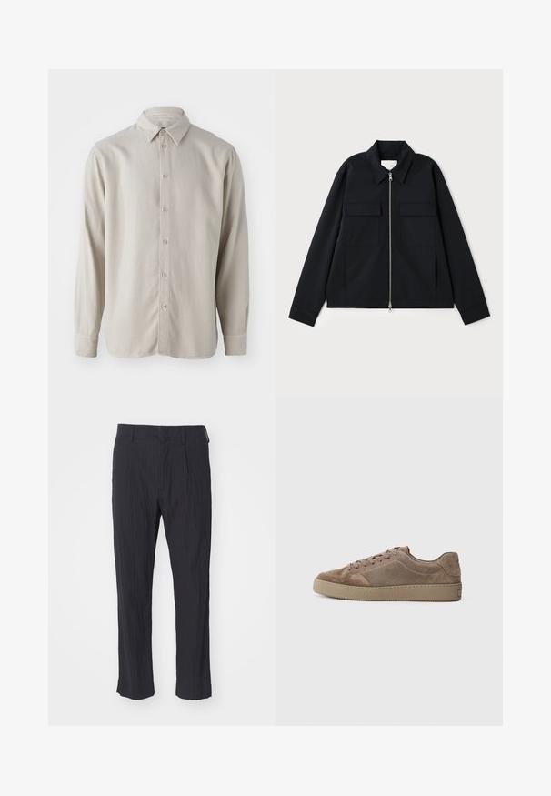 Černá bunda s límečkem, předním zipem a dvěma náprsními kapsami. Vyrobena z hladkého materiálu se strukturovaným střihem.; Beige košile s dlouhým rukávem vyrobená z měkké látky, s knoflíkovou přední částí, klasickým límečkem a manžetami s zaoblenými okraji.; Černé plisé kalhoty s texturovanou tkaninou, s rovně střiženými nohavicemi a standardním pasem. Žádné viditelné kapsy nebo kovové prvky.; Hnědé semišové nízké tenisky s plochou gumovou podrážkou, šněrováním a detailem prošívání, zobrazené z boku na jednobarevném pozadí.