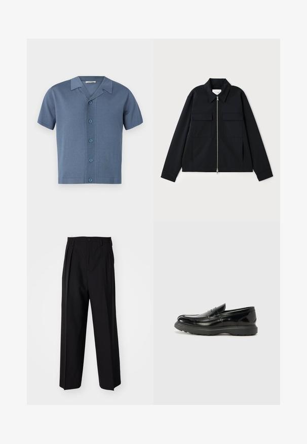 Svart jacka med krage, framfickor med dragkedja och två bröstfickor. Tillverkad av ett slitstarkt tyg med en väl avpassad passform.; Kortärmad skjorta med knappar i ett mjukt blått tyg, med öppen krage, sexknappsknäppning och en slät yta.; Svarta plisserade byxor med en rak, bred bendesign. Tillverkade av ett slätt tyg, med knäppning fram och bälteshällor.; Svart läderloaferskor med en glänsande yta, rund tå, diskreta söm detaljer och en tjock gummisula för hållbarhet.