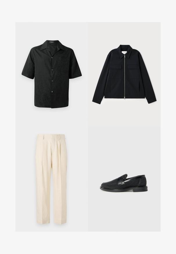 Juodas švarkas su apykakle, priekyje užtrauktuku ir dviem krūtinės kišenėmis. Pagamintas iš lygaus audinio su struktūruota forma.; Trumpas rankovėmis juodas marškinis su subtiliu tekstūriniu gėlių raštu, mygtukais priekyje, apykakle ir kairėje krūtinėje kišene. Pagamintas iš lengvos medžiagos.; NN.07 KAY - Kelnės - off white; Juodas pintas slip-on tipo batelis su lygiu odiniu akcentu viršuje, apvalios nosies dizainas ir žemas guminis padas.