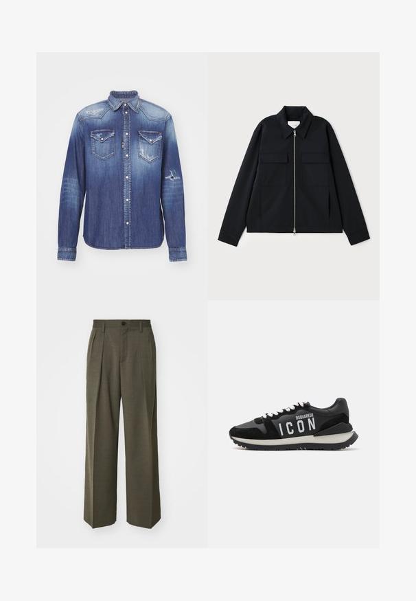 Musthave musta jope, millel on kraega kaelus, esiküljel tõmblukk ja kaks rinnataskut. Valmistatud siledast kangast, millel on hästi vormitud lõige.; Sinine teksajakk, millel on punktkaelus, pikad varrukad, kaks rinna taskut, kulunud detailid ja nööbiga kinnitamine. Kogu jakk on pleekinud.; Filippa K WIDE TROUSERS - Püksid - driftwood; Mustad mustad, mis on valmistatud nahast ja sametist, valge "ICON" logoga ning kontrastse musta tallaga. Loodud valged paelad; disain on sportlik.