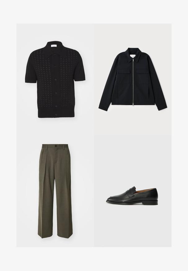 Svart jakke med krage, glidelås foran og to brystlommer. Laget av et glatt stoff med en strukturert passform.; Svart kortermet skjorte med teksturert mønster og knappelukking, med spiss krage og horisontale linjer over stoffet.; Filippa K WIDE TROUSERS - Bukse - driftwood; Svart skinnloafer med rund tå, subtilt sydd detaljering og lav hæl, med en glatt tekstur og minimalistisk design.