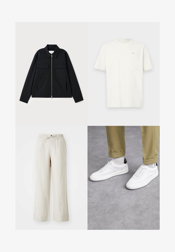 Giacca nera con colletto, chiusura frontale con zip e due tasche sul petto. Realizzata in un tessuto liscio con una vestibilità strutturata.; Maglietta a maniche corte bianca con colletto girocollo, con piccolo testo nero "NN. 07" sul lato sinistro del petto, su uno sfondo chiaro.; Pantaloni in lino di colore beige chiaro, con una vestibilità ampia, vita elasticizzata con cordino e tasche laterali per maggiore comodità.; Sneaker bianchi con finitura in pelle testurizzata, punta arrotondata e accentuazione nera sul tallone. Suola in gomma con piccolo motivo di battistrada e dettagli cuciti.