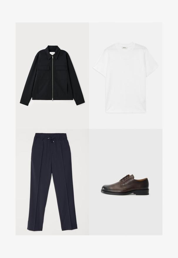 Musthave musta jope, millel on kraega kaelus, esiküljel tõmblukk ja kaks rinnataskut. Valmistatud siledast kangast, millel on hästi vormitud lõige.; Valge puuvillane T-särk ümmarguse kaeluse, lühikeste varrukate ja peene logoga, mis on trükitud ette. Sile tekstuur ja lihtne disain.; Tumesinise värvi püksid elastse talje ja nööriotstega. Omab kahte eesmist voldikute ja kitsenevaid jalgu, et luua struktureeritud siluett.; Pruun nahast king, millel on ümar varvas, madal konts, nööbideta disain ja sile tekstuur. Omab minimaalset õmblust ja läikivat viimistlust.