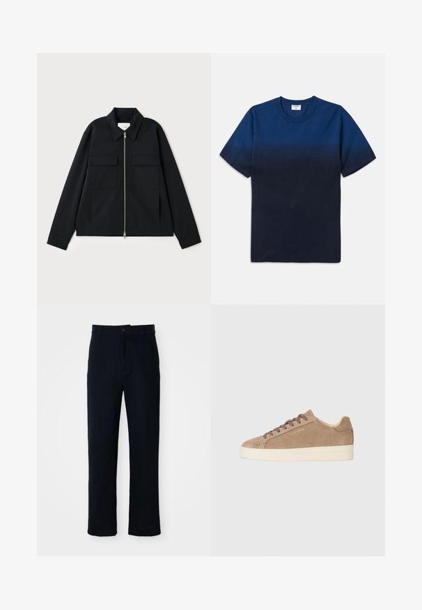 Melna jaka ar apkakles izgriezumu, priekšpuses rāvējslēdzēja aizdari un divām krūšu kabatām. Izgatavota no gludas auduma ar strukturētu piegriezumu.; Tums zila kokvilnas T-kreklu ar apaļu kaklu, īsām piedurknēm un izsmalcinātu gradientu dizainu, kas pāriet no gaišākām uz tumšākām nokrāsām.; Kokvilnas tumši zilas bikses ar taisnu kāju dizainu, priekšējo pogu aizdari un klasisku jostasvietu ar jostas cilpiņām.; Beige zamšas sporta apavi ar apaļu pirkstu, krēmkrāsas gumijas zoli un brūnām auklām. Satur izsistā zīmola logo sānos un teksturētu materiālu.