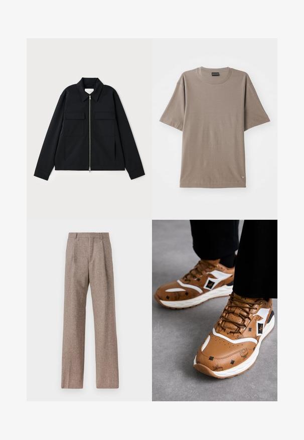 Giacca nera con colletto, chiusura frontale con zip e due tasche sul petto. Realizzata in un tessuto liscio con una vestibilità strutturata.; T-shirt marrone a maniche corte con design a girocollo, caratterizzato da un sottile motivo testurizzato e una piccola etichetta con logo sul lato sinistro in basso.; Pantaloni marroni a vita alta realizzati in tessuto testurizzato. Presentano gambe ampie e due pieghe frontali per struttura. Rifinitura curata senza hardware visibile.; Sneaker in pelle marrone con accenti bianchi, motivi testurizzati e dettagli in oro; suola spessa bianca; punta rotonda e design con lacci.