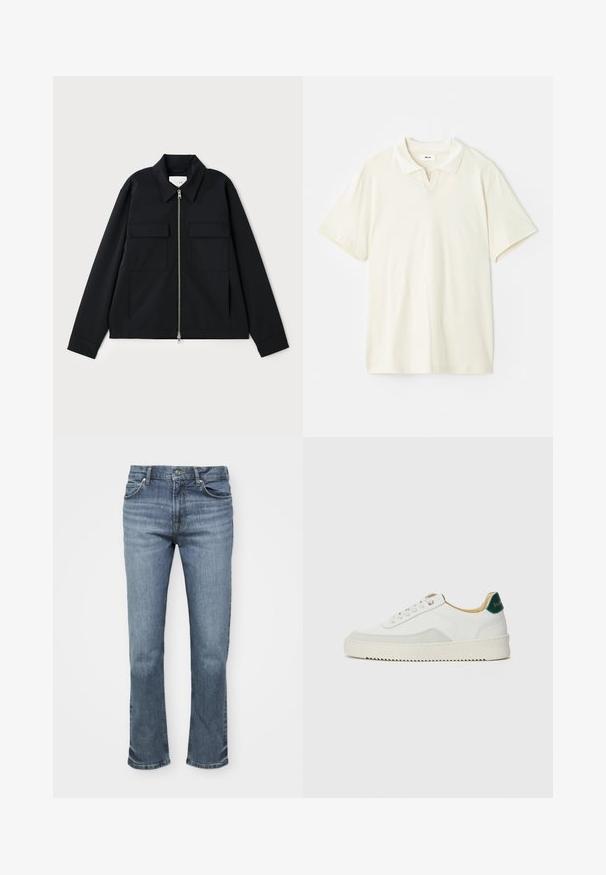 Černá bunda s límečkem, předním zipem a dvěma náprsními kapsami. Vyrobena z hladkého materiálu se strukturovaným střihem.; Krémové polo tričko s klasickým límečkem, krátkými rukávy a jemným V- výstřihem. Hladká textura a minimalistic design.; Modré denimové džíny mají rovný střih, pět kapes a zapínání na knoflík s kontrastním prošíváním na švech.; Bílé tenisky se semišovými prvky, kulatou špičkou, plochými tkaničkami a krémovou gumovou podrážkou. Na patě mají zelené logo.