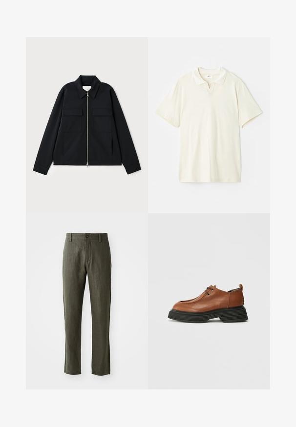 Black jacket featuring a collared neckline, front zipper closure, and two chest pockets. Made from a smooth fabric with a structured fit.; Cream-colored polo shirt with a classic collar, short sleeves, and a slight v-split at the neckline. Smooth texture and minimal design.; Olive green linen pants with a straight cut, featuring a front button closure and side pockets. The fabric has a textured appearance.; Brown leather shoe with a rounded toe, lace-up design, and a thick black layered sole. Notable for its structured silhouette and texture.