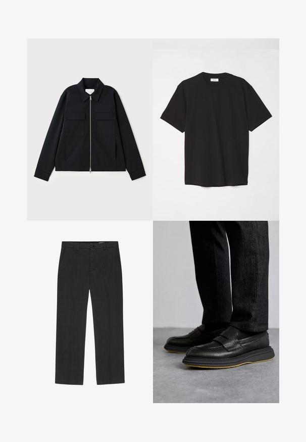 Veste noire avec col, fermeture éclair à l'avant et deux poches poitrine. Fabriquée en tissu lisse avec une coupe structurée.; T-shirt en coton noir avec un col ras du cou, des manches courtes et une coupe décontractée. Design simple, texture lisse, sans motifs ni logos visibles.; Pantalons noirs à jambe droite, fabriqués à partir d'un tissu léger. Ils sont dotés de poches avant et d'une fermeture à bouton. Texture lisse.; The Antipode COLLEGE - Chaussons - black