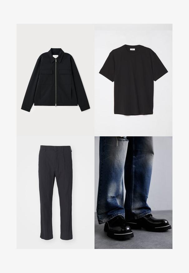 Melna jaka ar apkakles izgriezumu, priekšpuses rāvējslēdzēja aizdari un divām krūšu kabatām. Izgatavota no gludas auduma ar strukturētu piegriezumu.; Melna kokvilnas T-krekls ar apaļu kakla izgriezumu, īsām piedurknēm un brīvu piegulšanu. Vienkāršs dizains, gluda tekstūra un bez redzamām rakstiem vai logotipiem.; Melnas plisētās bikses ar teksturētu audumu, kas ir taisna kāju dizainā un ar standarta jostasvietu. Nav redzamu kabatu vai metāla elementu.; Melnas ādas kurpes ar spīdīgu apdari, ar biezu zolīti un balto svītru. Valkātas ar nolietotiem ziliem džinsu biksēm, kurām ir viegla izbalēšana.