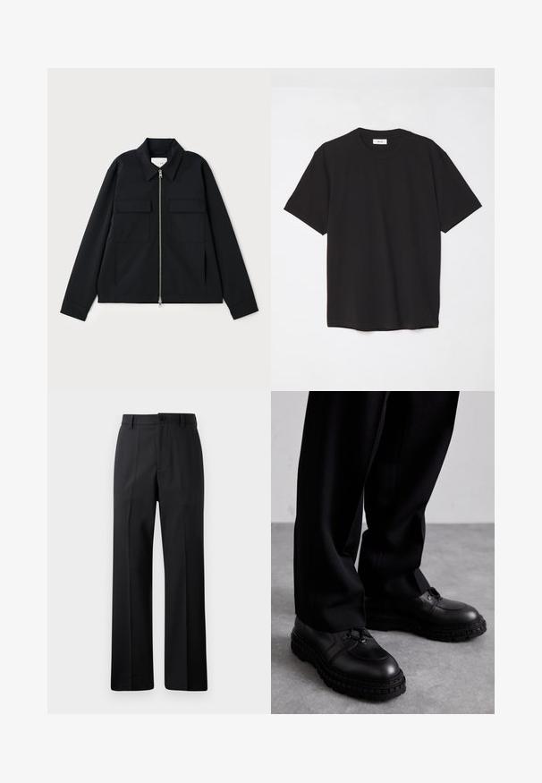 Veste noire avec col, fermeture éclair à l'avant et deux poches poitrine. Fabriquée en tissu lisse avec une coupe structurée.; T-shirt en coton noir avec un col ras du cou, des manches courtes et une coupe décontractée. Design simple, texture lisse, sans motifs ni logos visibles.; Pantalon noir à jambes droites avec passants de ceinture, bouton avant et fermeture éclair, présenté sur un fond blanc uni.; Chaussures noires en cuir avec un bout rond, un dessus texturé, un laçage et une semelle épaisse en caoutchouc avec un motif de semelle. Portées avec un pantalon noir.
