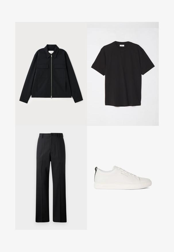 Schwarze Jacke mit einem kragenförmigen Ausschnitt, einem Front-Reißverschluss und zwei Brusttaschen. Hergestellt aus einem glatten Stoff mit einer strukturierten Passform.; Schwarzes Baumwoll-T-Shirt mit Rundhalsausschnitt, kurzen Ärmeln und lockerer Passform. Einfaches Design, glatte Textur und keine sichtbaren Muster oder Logos.; Schwarze gerade geschnittene Hose mit Gürtelschlaufen, Knopfverschluss vorne und Reißverschluss, vor einem schlichten weißen Hintergrund präsentiert.; Weiße Leder-Sneaker mit runder Zehenpartie, flacher Gummisohle und tonaler Naht. Verfügt über eine Schnürung vorne und eine schwarze Schlaufe an der Ferse.