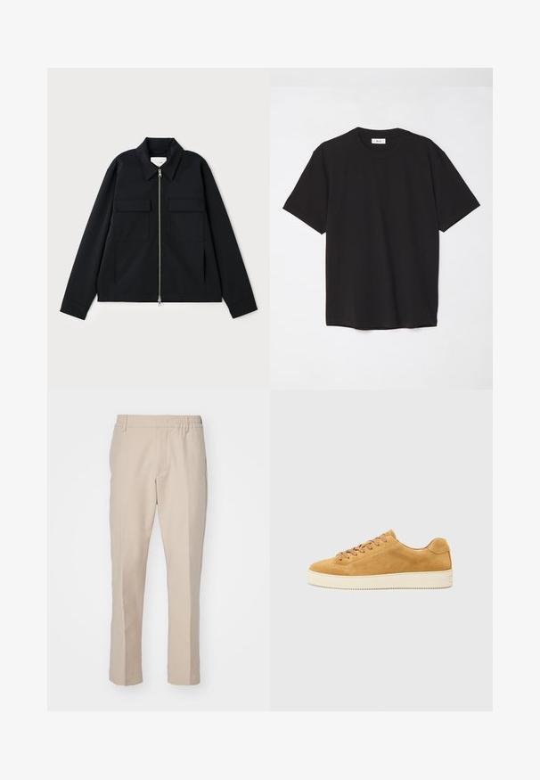 Black jacket featuring a collared neckline, front zipper closure, and two chest pockets. Made from a smooth fabric with a structured fit.; Black cotton t-shirt with a crew neck, short sleeves, and a relaxed fit. Simple design, smooth texture, and no visible patterns or logos.; Beige trousers with a smooth texture, straight cut, and elastic waistband. Features side pockets and a neutral color suitable for versatile outfits.; Tan suede sneaker with a low profile, round toe, and lace-up front. Cream rubber sole with subtle texture and minimal detailing.