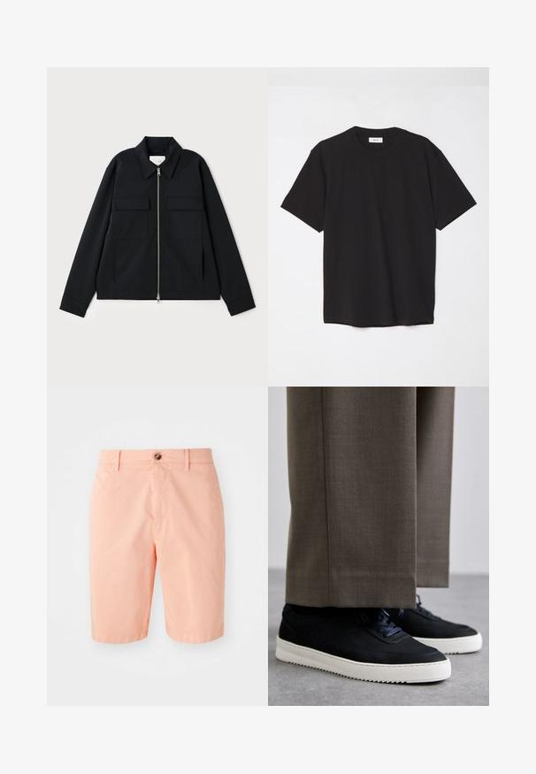 Juodas švarkas su apykakle, priekyje užtrauktuku ir dviem krūtinės kišenėmis. Pagamintas iš lygaus audinio su struktūruota forma.; Juodas medvilninis marškinėlis su apvaliu kaklu, trumpomis rankovėmis ir laisvu siluetu. Paprastas dizainas, lygus paviršius ir be matomų raštų ar logotipų.; Persikų spalvos šortai, pagaminti iš lengvos medžiagos, su klasikiniu dizainu, priekinėmis mygtukų užsegimais ir šoninėmis kišenėmis.; Juodi zomšiniai sportbačiai su baltais guminiais padais, su apvalia nosimi ir raišteliais, dėvimi su pilkais pritaikytais kelnais.