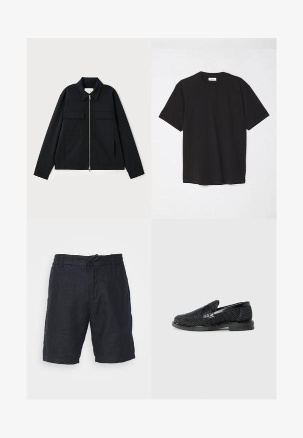 Veste noire avec col, fermeture éclair à l'avant et deux poches poitrine. Fabriquée en tissu lisse avec une coupe structurée.; T-shirt en coton noir avec un col ras du cou, des manches courtes et une coupe décontractée. Design simple, texture lisse, sans motifs ni logos visibles.; NN.07 SEB - Short - black; Chaussure slip-on tissée noire avec un accent en cuir lisse sur le dessus, un design à bout rond et une semelle en caoutchouc à profil bas.