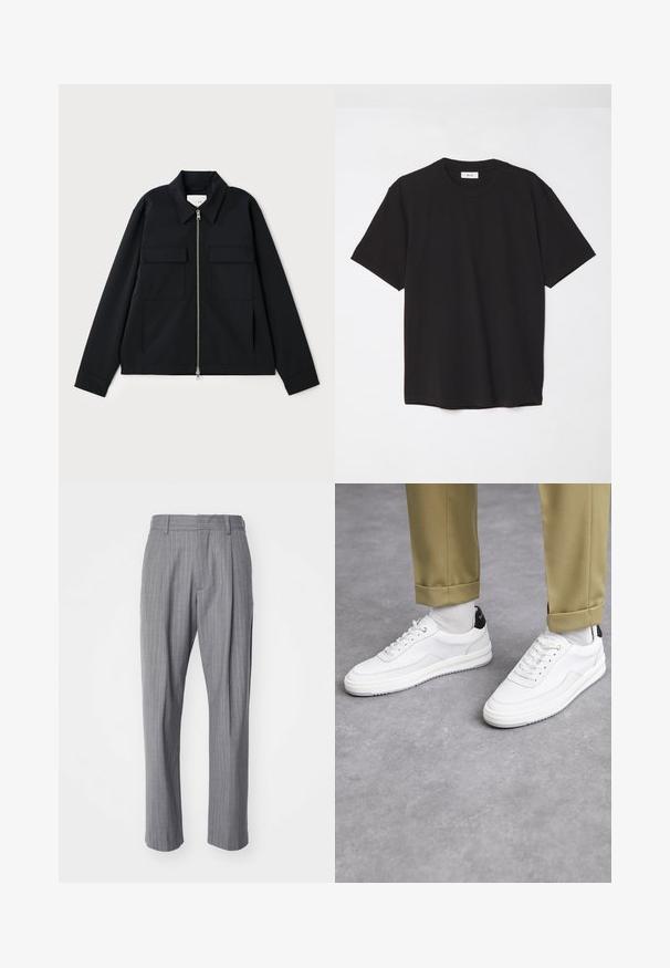 Zwarte jas met een kraag, een rits aan de voorkant en twee borstzakken. Gemaakt van een gladde stof met een gestructureerde pasvorm.; Zwarte katoenen t-shirt met een ronde hals, korte mouwen en een ontspannen pasvorm. Eenvoudig ontwerp, gladde textuur en geen zichtbare patronen of logo's.; NN.07 KAY - Broek - grey; Witte sneakers met een textuur van leerafwerkingen, een ronde neus en een zwarte hielaccent. Rubberen zool met een klein profiel en gestikte details.