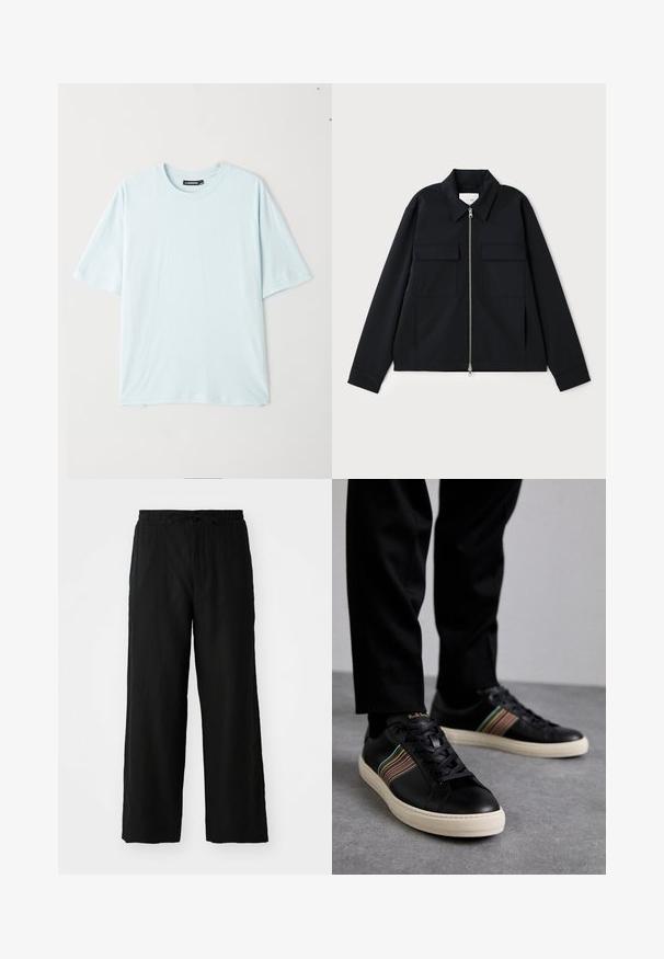 Black jacket featuring a collared neckline, front zipper closure, and two chest pockets. Made from a smooth fabric with a structured fit.; Light blue short-sleeve t-shirt with a crew neck, made from soft fabric. Features a relaxed fit and smooth texture without patterns or accents.; Black wide-leg pants made of lightweight fabric, featuring an elastic waistband with drawstring and no visible pockets or patterns.; Black leather sneakers with multicolored striped accents, round toe, and white rubber soles, featuring lace-up design and embossed branding.