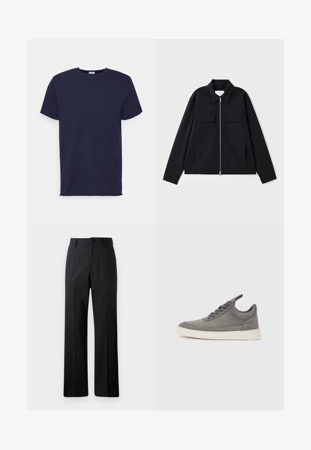 Svart jakke med krage, glidelås foran og to brystlommer. Laget av et glatt stoff med en strukturert passform.; Mørkeblå kortermet t-skjorte laget av mykt stoff. Den har rund hals og rett snitt uten mønstre eller detaljer.; Svarte rette bukser med beltestropper, frontknapp og glidelås, vist mot en enkel hvit bakgrunn.; Grå semsket joggesko med teksturert overflate, som har en hvit gummisåle, runde snorer og et lavt design.