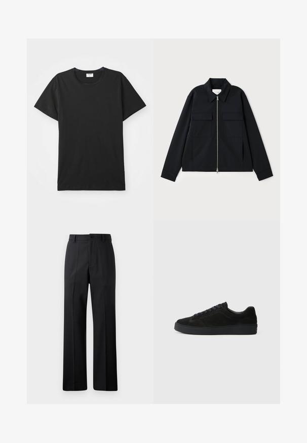 Black jacket featuring a collared neckline, front zipper closure, and two chest pockets. Made from a smooth fabric with a structured fit.; Black short-sleeve T-shirt with a round neckline, made of smooth cotton fabric. Simple design with no patterns or accents.; Black straight-leg trousers with belt loops, front button, and zipper closure, displayed against a plain white background.; Black suede sneaker with a flat, textured sole, rounded toe, six eyelets for laces, and a minimalist design.