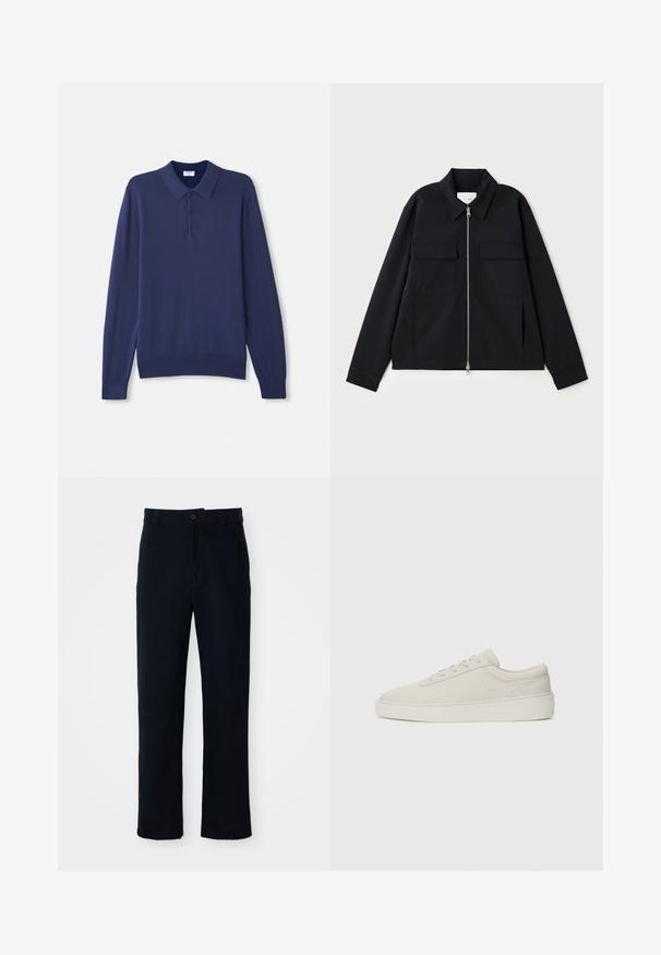 Svart jakke med krage, glidelås foran og to brystlommer. Laget av et glatt stoff med en strukturert passform.; Mørkeblå langermet polo genser i myk strikket stoff. Har klassisk krage, tre knapper og ribbede mansjetter og nederkant.; Navyblå bukser laget av bomull, med rett ben-design, frontlukking med knapp og klassisk midje med beltehanker.; Beige joggesko med en glatt semsket finish, rund tå og flat gummisåle. Har snøring og minimalistisk design med subtil søm.