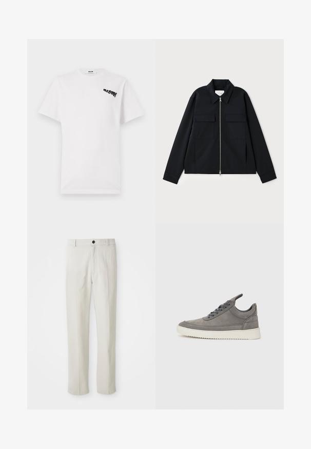Zwarte jas met een kraag, een rits aan de voorkant en twee borstzakken. Gemaakt van een gladde stof met een gestructureerde pasvorm.; Witte katoenen t-shirt met korte mouwen, voorzien van een zwart grafisch ontwerp "msgm!" gedrukt op de bovenkant links. Ronde halslijn, zachte textuur.; Beige recht gesneden broek met riemlussen, voorknop en ritsluiting, plat weergegeven op een witte achtergrond.; Grijze suède sneakers met een textuurafwerking, voorzien van een witte rubberen zool, ronde veters en een low-top ontwerp.