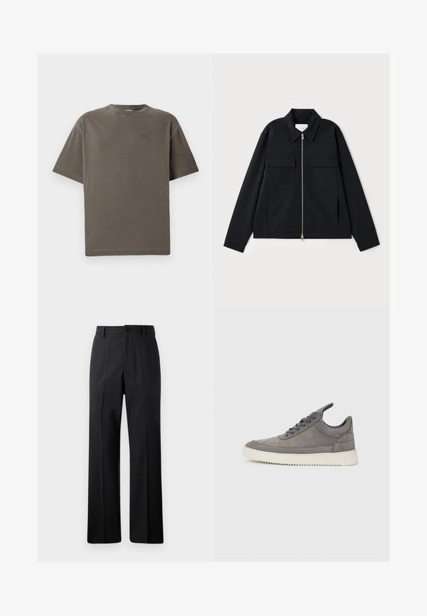 Svart jakke med krage, glidelås foran og to brystlommer. Laget av et glatt stoff med en strukturert passform.; Olivengrønn t-skjorte med korte ermer laget av myk bomull, med rund hals og en liten "CLOSED" logo brodert på forsiden.; Svarte rette bukser med beltestropper, frontknapp og glidelås, vist mot en enkel hvit bakgrunn.; Grå semsket joggesko med teksturert overflate, som har en hvit gummisåle, runde snorer og et lavt design.