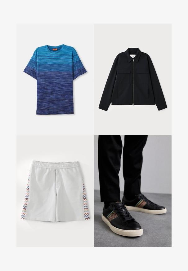 Melna jaka ar apkakles izgriezumu, priekšpuses rāvējslēdzēja aizdari un divām krūšu kabatām. Izgatavota no gludas auduma ar strukturētu piegriezumu.; Zila gradient T-kreklā, ar horizontāliem svītrām, īsām piedurknēm, apaļu kakla izgriezumu un mīkstu tekstūru, kas pāriet no gaiši zilas uz tumši zilu.; Gaiši pelēki sporta šorti ar elastīgu jostasvīru un daudzkrāsainu zigzaga rakstu sānos. Gluda tekstūra un ceļgala garuma dizains.; Melni ādas sporta apavi ar daudzkrāsainām svītrām, apaļa purngala forma, balti gumijas zole, ar aukliņu aizdari un ieplestu logo.