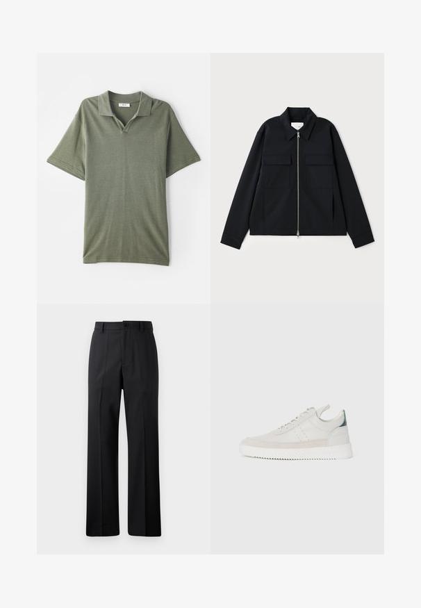 Veste noire avec col, fermeture éclair à l'avant et deux poches poitrine. Fabriquée en tissu lisse avec une coupe structurée.; Polo shirt vert olive à manches courtes avec un col et un tissu texturé. Présente une ouverture en forme de V et une coupe décontractée.; Pantalon noir à jambes droites avec passants de ceinture, bouton avant et fermeture éclair, présenté sur un fond blanc uni.; Baskets en cuir blanc avec des accents en daim gris, à lacets, avec languette de traction et semelle en caoutchouc texturé avec un motif en zigzag.