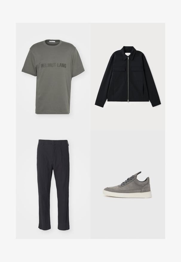 Svart jakke med krage, glidelås foran og to brystlommer. Laget av et glatt stoff med en strukturert passform.; Olivenfarget bomull T-skjorte med rund hals, korte ermer og preget "HELMUT LANG" tekst foran. Glatt tekstur, avslappet passform.; Sorte plisserte bukser med teksturert stoff, med rett ben-design og standard midje. Ingen synlige lommer eller metallfester.; Grå semsket joggesko med teksturert overflate, som har en hvit gummisåle, runde snorer og et lavt design.