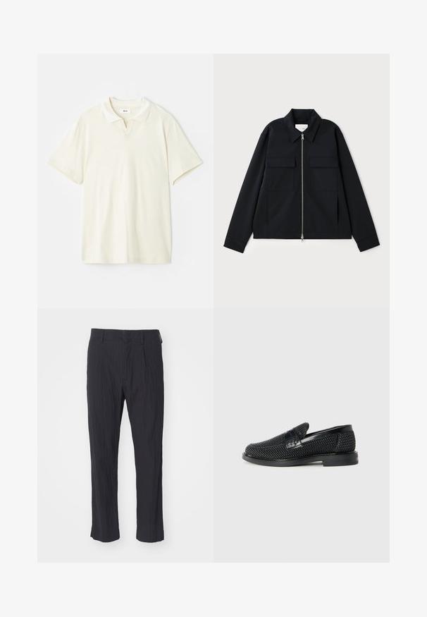 Svart jakke med krage, glidelås foran og to brystlommer. Laget av et glatt stoff med en strukturert passform.; Kremfarget polo skjorte med klassisk krage, korte ermer og en lett v-splitt ved halsåpningen. Glatt tekstur og minimal design.; Sorte plisserte bukser med teksturert stoff, med rett ben-design og standard midje. Ingen synlige lommer eller metallfester.; Sorte vevde slip-on sko med en glatt lærdetalj på overdelen, design med rund tå og en lavprofil gummisåle.