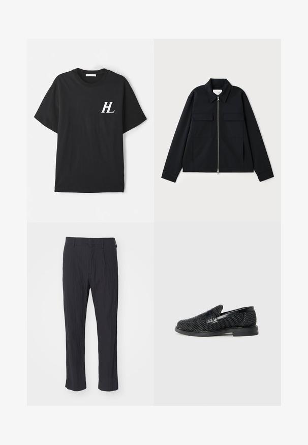 Chaqueta negra con cuello, cierre frontal de cremallera y dos bolsillos en el pecho. Confeccionada en un tejido suave y con un corte estructurado.; Camiseta de algodón negra con mangas cortas, que presenta un logo blanco "HL" en el lado izquierdo del pecho. Ajuste regular, textura suave y diseño clásico de cuello redondo.; Pantalones negros con plisados de tejido texturizado, con un diseño de pierna recta y cinturilla estándar. Sin bolsillos visibles ni herrajes.; Zapato negro de tejido con un acento de cuero suave en la parte superior, diseño de punta redonda y suela de goma de perfil bajo.