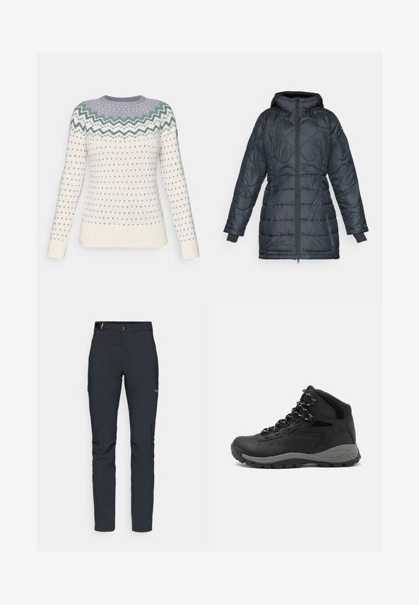 Paminkštinta tamsiai pilka striukė su kapišonu, su priekiniais užtrauktukais, siuvinėta konstrukcija, ilgomis rankovėmis ir elastingomis riešų juostomis.; Kreminė megzta megztinis su šviesiai violetiniu ir žaliu zigzago raštu ant kaklo. Yra mažų mėlynų širdelių ir raukšlėtos rankogaliai.; Vyrų lauko kelnės, tamsiai pilkos, pagamintos iš elastingos medžiagos, su diržu, užtrauktukais užtraukiamomis kišenėmis ir sustiprinta siūle.; Juodas žygio botas su vidutinio aukščio dizainu, pasižymintis tekstūruota viršutine dalimi, pilkų akcentų ir patvaria guma padanga su sukibimo gumbais.