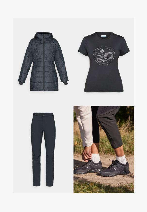 Polstret mørkegrå jakke med hette, har glidelås foran, quiltet design, lange ermer og elastiske mansjetter.; Svart Columbia t-skjorte med hvit sirkulær fjell- og elvlinjekunst og tekst "Columbia Sportswear Company Outside Since 1938."; Herre utendørsbukser, mørkegrå, laget av fleksibelt materiale, med belte, glidelåslommer og forsterkede sømmer.; Svart turstøvler med teksturert stoff, gummisåler og snøring. Har sølvfarge detaljer og en holdbar design egnet for utendørsaktiviteter.