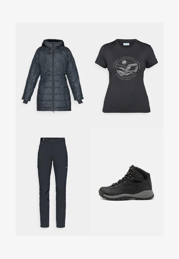 Paminkštinta tamsiai pilka striukė su kapišonu, su priekiniais užtrauktukais, siuvinėta konstrukcija, ilgomis rankovėmis ir elastingomis riešų juostomis.; Juodas "Columbia" marškinėliai su balta apskrita kalnų ir upės linijų grafika bei tekstu "Columbia Sportswear Company Lauke nuo 1938 metų."; Vyrų lauko kelnės, tamsiai pilkos, pagamintos iš elastingos medžiagos, su diržu, užtrauktukais užtraukiamomis kišenėmis ir sustiprinta siūle.; Juodas žygio botas su vidutinio aukščio dizainu, pasižymintis tekstūruota viršutine dalimi, pilkų akcentų ir patvaria guma padanga su sukibimo gumbais.