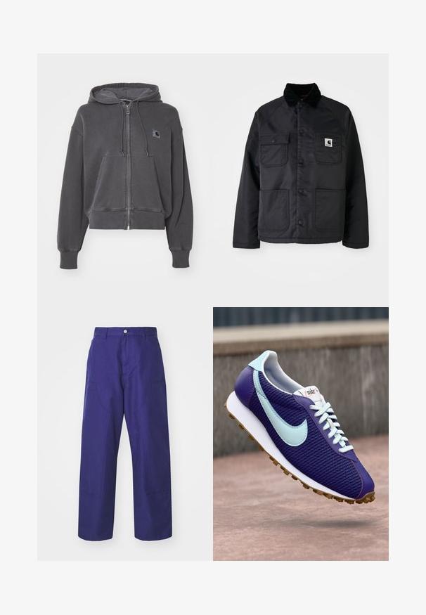 Black quilted jacket with a corduroy collar, featuring two front pockets, snap buttons, and a white logo patch on the left chest.; Carhartt WIP HOODED NELSON JACKET - Zip-up sweatshirt - graphite; White cotton t-shirt with a relaxed fit, short sleeves, and a small embroidered logo on the left chest area.; Carhartt WIP BRANDON DOUBLE KNEE PANT - Cargo trousers - aura rinsed; Purple Nike sneaker with light blue swoosh, white laces, and gum sole, shown hovering above a concrete surface outdoors.
