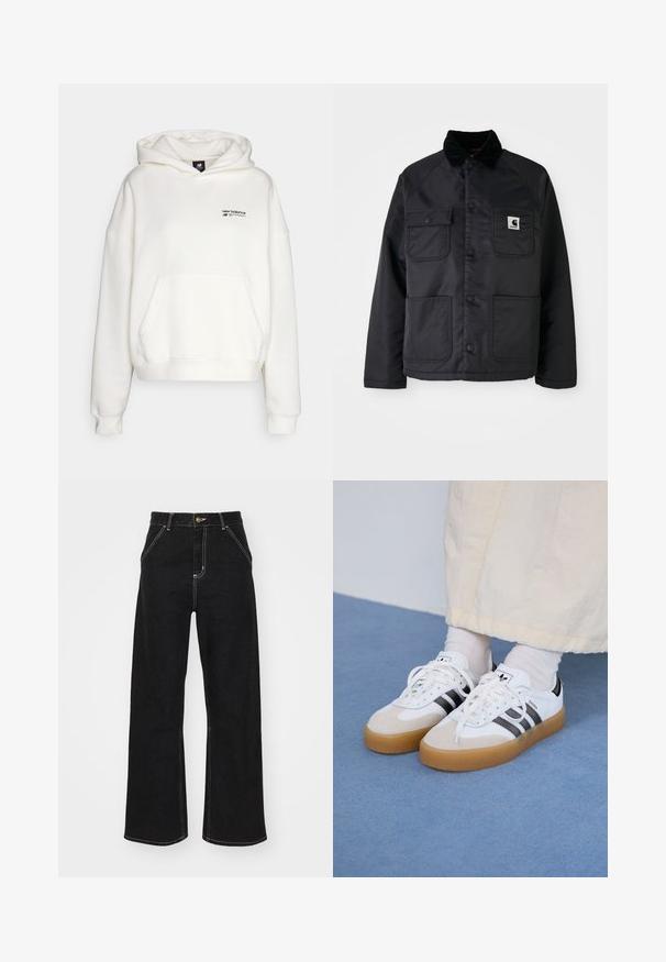 Melnā dūnu jaka ar korduroja apkakli, divām priekšējām kabatām, snap pogām un baltu logotipa plāksteri uz kreisā krūts.; New Balance LINEAR HERITAGE BRUSHED BACK - Džemperis ar kapuci - seasalt; Melnas platajās biksēs, kas izgatavotas no denima, ar kontrastējošas baltas šuves un priekšējo pogu aizdari, kā arī divām slīpajām priekšējām kabatām.; Baltas sporta apavi ar melnām svītrām un beisīgo zamšādu akcentiem. Ievies struktūrētu gumijas zoli un izkārtotas baltas šnerves, valkāti ar gaišiem zeķēm.
