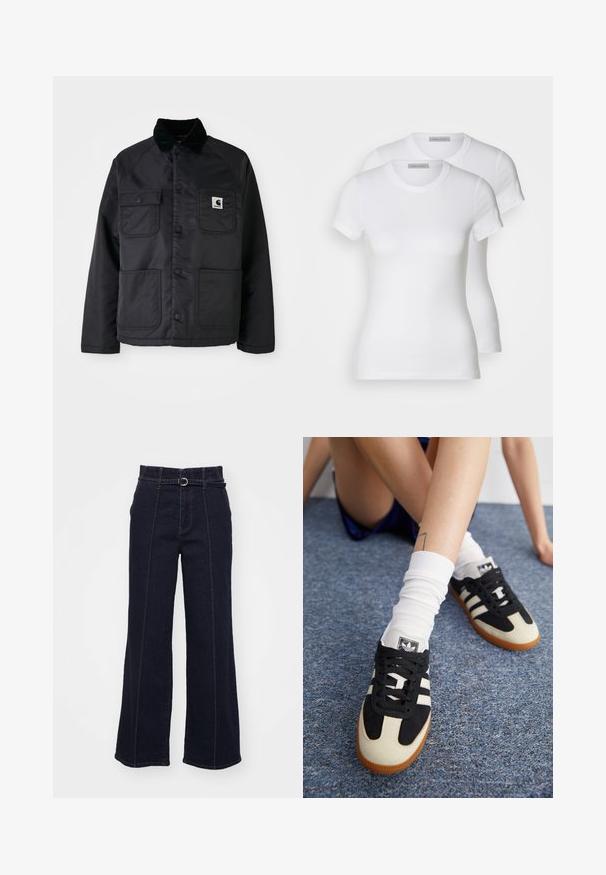 Svart quiltet jakke med kordfløyelskrage, to frontlommer, trykknapper og en hvit logo-patch på venstre bryst.; To hvite bomulls t-skjorter med korte ermer, rund hals og en tettsittende silhuett, som viser en jevn tekstur og minimalistisk design.; Mørke denim videbukser med høj talje, bæltestropper, et synligt bælte og kontrastsyninger langs de forreste sømme.; Svart-hvite sportsko med overdel i semsket lær og skinn, med tre hvite striper og en gummisåle. Parets brukte med hvite sokker.