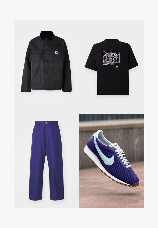 Čierna prešívaná bunda s kordovou golierom, obsahujúca dve predné vrecká, patentky a bielu nášivku s logom na ľavej hrudi.; Čierne tričko z bavlny s krátkymi rukávmi. Na prednej strane má biely grafický motív pavučiny a logo. Jednoduchý zaoblený výstrih.; Carhartt WIP BRANDON DOUBLE KNEE PANT - Kapsáče - aura rinsed; Fialová teniska Nike s svetlomodrým „swooshom“, bielymi šnúrkami a gumovou podrážkou, zobrazená nad betónovým povrchom vonku.