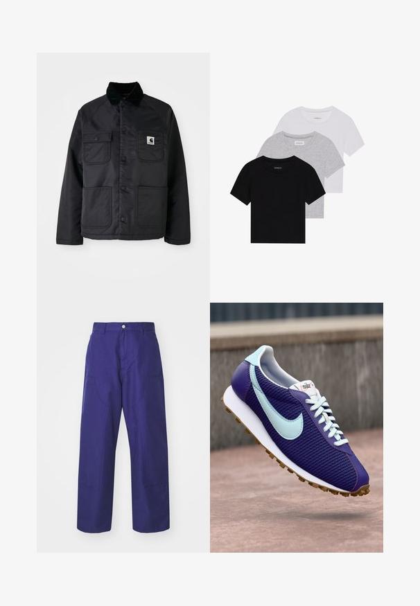 Fekete steppelt dzseki, kordbársony gallérral, két elülső zsebbel, patentgombokkal, és egy fehér logóval a bal mellrészen.; Három rövidujjú póló készlet fekete, szürke és fehér színben. Pamutból készült, kerek nyakú, egyszerű, egyszínű dizájnnal.; Carhartt WIP BRANDON DOUBLE KNEE PANT - Oldalzsebes nadrágok - aura rinsed; Lila Nike sportcipő világoskék pipa, fehér fűzők és gumitalp található rajta, amely egy betonfelület felett lebeg a szabadban.