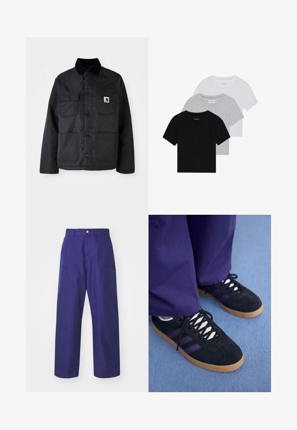 Black quilted jacket with a corduroy collar, featuring two front pockets, snap buttons, and a white logo patch on the left chest.; Set of three short-sleeve t-shirts in black, gray, and white. Made from cotton, featuring a crew neck and a simple, solid color design.; Carhartt WIP BRANDON DOUBLE KNEE PANT - Cargo trousers - aura rinsed; Black suede sneakers with purple stripes, white laces, and gum soles. Worn with loose purple pants, set against a blue background.