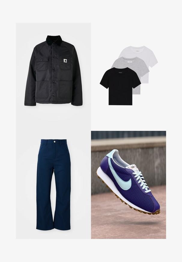 Schwarze gesteppte Jacke mit einem Cordkragen, ausgestattet mit zwei Fronttaschen, Druckknöpfen und einem weißen Logo-Patch auf der linken Brust.; Set aus drei kurzärmeligen T-Shirts in Schwarz, Grau und Weiß. Hergestellt aus Baumwolle, mit Rundhalsausschnitt und einem einfachen, einfarbigen Design.; Marineblauwe weite Hose aus robustem Stoff, mit einem Frontknopfverschluss und vier Taschen mit einer glatten Textur.; Lila Nike Sneaker mit hellblauem Swoosh, weißen Schnürsenkeln und Gummi-Sohle, der über einer Betonoberfläche im Freien schwebt.