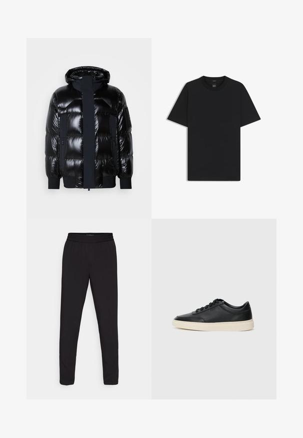 Black puffer jacket featuring a glossy finish, hood, zip closure, and ribbed cuffs. Includes two side pockets and a logo patch on sleeve.; Black short-sleeve T-shirt made from a smooth cotton blend, featuring a crew neckline and a minimalistic design with no patterns or accents.; Black tapered pants with an elastic waistband, made from a smooth, lightweight fabric, featuring no visible patterns or hardware details.; Black low-top leather sneaker with black laces and off-white sole shown in side profile on white background.