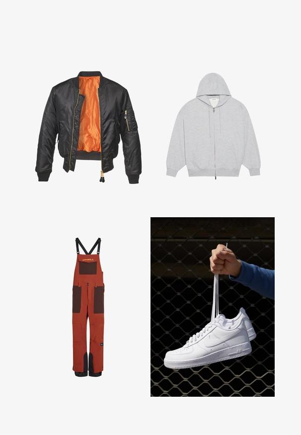 Zwarte bomberjack met een glanzende buitenkant, oranje voering, geribde manchetten en een ritszak op de linker mouw. Gouden ritsaccenten.; YOURTURN OVERSIZE BASIC ZIP HOODIE UNISEX - Sweater met rits - mottled-grey; Rode waterdichte bovendikjes met bruine accenten, verstelbare banden, meerdere zakken en versterkte manchetten voor duurzaamheid.; Witte leren sneakers met perforaties, ronde neus, vlakke zool en dikke veters, met een zichtbare swoosh-logo en "AIR" op de hiel.