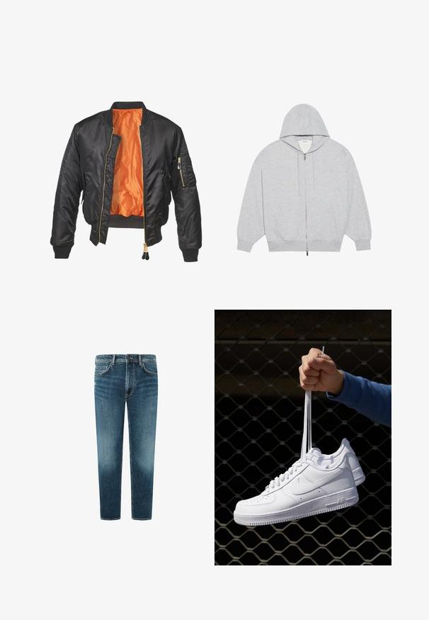Mustmust jacket särava välispinnaga, oranž vooder, soonilised randmed ja tõmblukuga tasku vasakul varrukal. Kuldne tõmblukk.; YOURTURN OVERSIZE BASIC ZIP HOODIE UNISEX - Lukuga pusa - mottled-grey; Keskmise sinise pesu ja otse jala disainiga denim teksad, viie taskuga stiil ja kontrastne õmblus. Puhtalt lõpetatud äär.; Valged nahast tennisetossud, millel on perforatsioonid, ümar nina, lame tallus ja paksud nöörid, nähtava swooshi logoga ja "AIR" kontsadel.